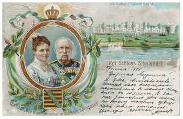 Kr&oacute;l Albert I Wettyn wraz z małżonką Karolą, w tle pałacu w Szczodrem...
