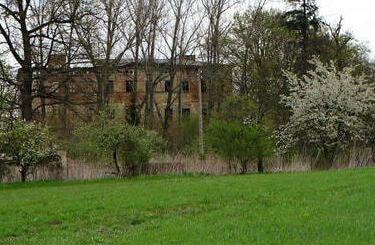 Wsp&oacute;łczesny widok na zniszczony pałac Zedlitz&oacute;w od strony dawnych...