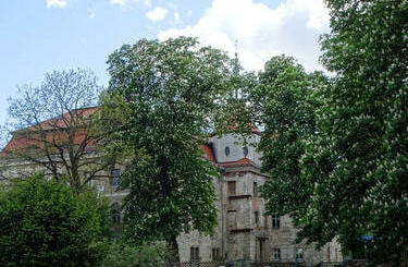 Zamek w Domanicach z kwitnącymi kasztanowcami