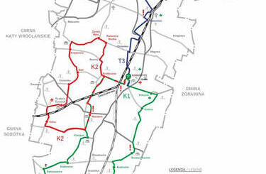 Mapa tras rowerowych na terenie gminy Kobierzyce