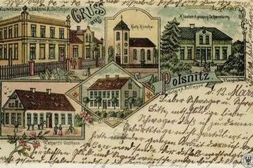 Pełcznica (gm. Kąty Wrocławskie) na poczt&oacute;wce z początku XX wieku ze sklepem i piekarnią, kościołem, domem zakonnym &bdquo;szarych si&oacute;str&rdquo; (elżbietanek), gospodą i plebanią