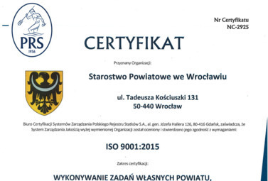 Zdjęcie do STAROSTWO PONOWNIE Z CERTYFIKATEM ISO 9001:2015