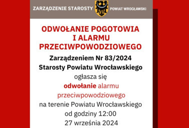 Zdjęcie do Zarządzenie 83/2024 Starosty Powiatu Wrocławskiego odnośnie odwołania...