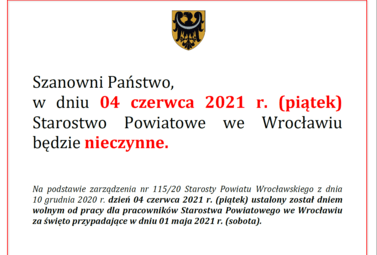 Zdjęcie do 04 czerwca 2021 Starostwo Powiatowe we Wrocławiu będzie nieczynne