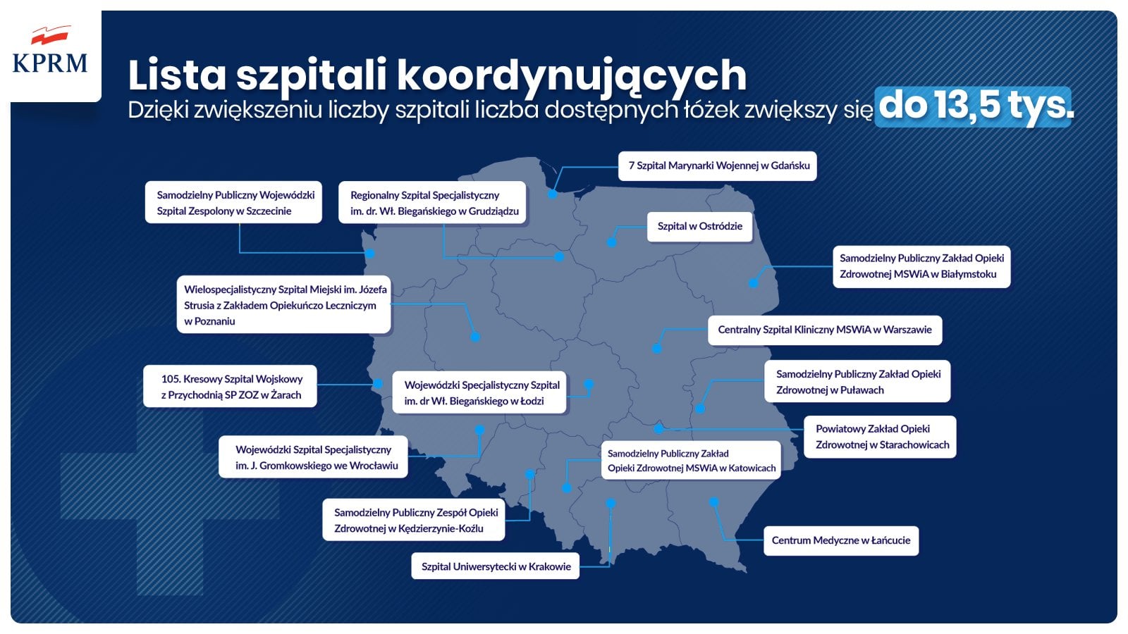 Plakat Lista szpitali koordynujących opisane w artykule w centralnym miejscu na granatowym tle mapa Polski i odnośniki do każdego z województw z nazwą szpiatala