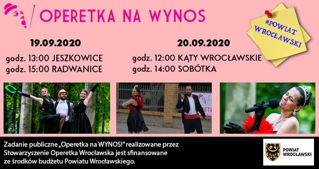 Plakat promujący wydarzenie Operetka Na Wynos, na którym widnieją zdjęcia przedstawiające aktorów operetki oraz daty wydarzenia, które zostały ujęte w artykule